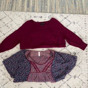 Size L maroon sweater and floral blouse bundle